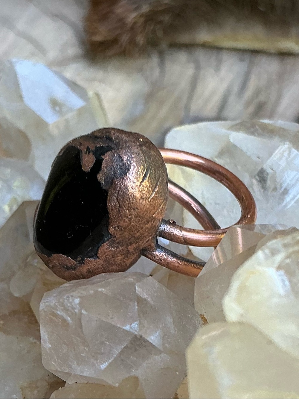 Black Obsidian Electroformed Copper Ring for Women - Rustic Handmade Style - Picture 3 of 7